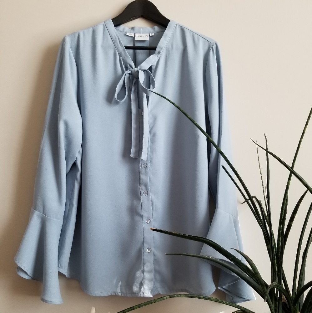 Blue Flutter Sleeve Pussy Bow Blouse